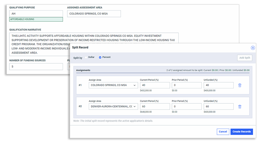 RiskExec Community Development record showing qualifying purpose, assessment area assignment, and qualification narrative fields, alongside a split record tool dividing an investment across multiple assessment areas.