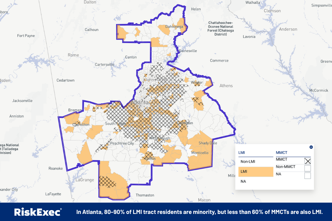 Map of the Atlanta MSA showing LMI census tracts in orange and majority-minority census tracts in crosshatch. In Atlanta, 80–90% of LMI tract residents are minority, but less than 60% of MMCTs are also LMI.